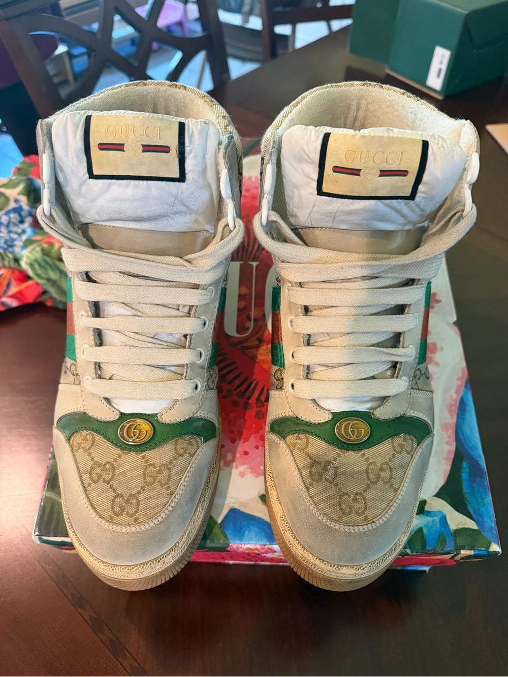 Gucci Beige Canvas High-Top Sneaker with Green and Red Web